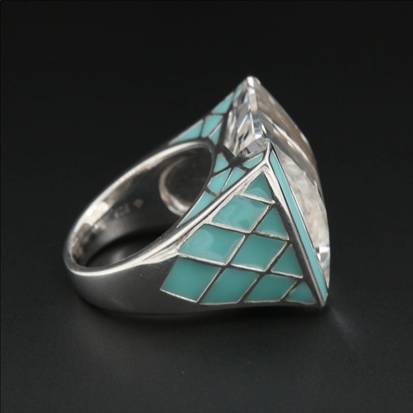 Sterling silver rock quartz crystal enamel ring. 7 - Picture 6 of 7